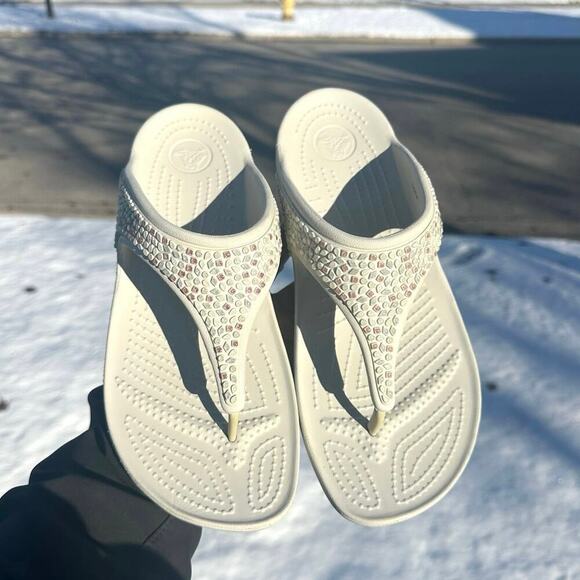 Crocs Sloane Women’s Embellished Flip Flops‎ Size 11 White - Picture 7 of 9